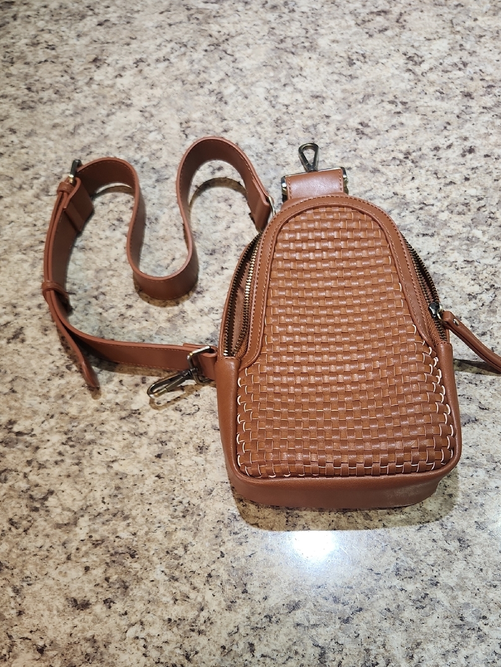 Anthropologie Woven Crossbody Sling Bag in Cognac Brown